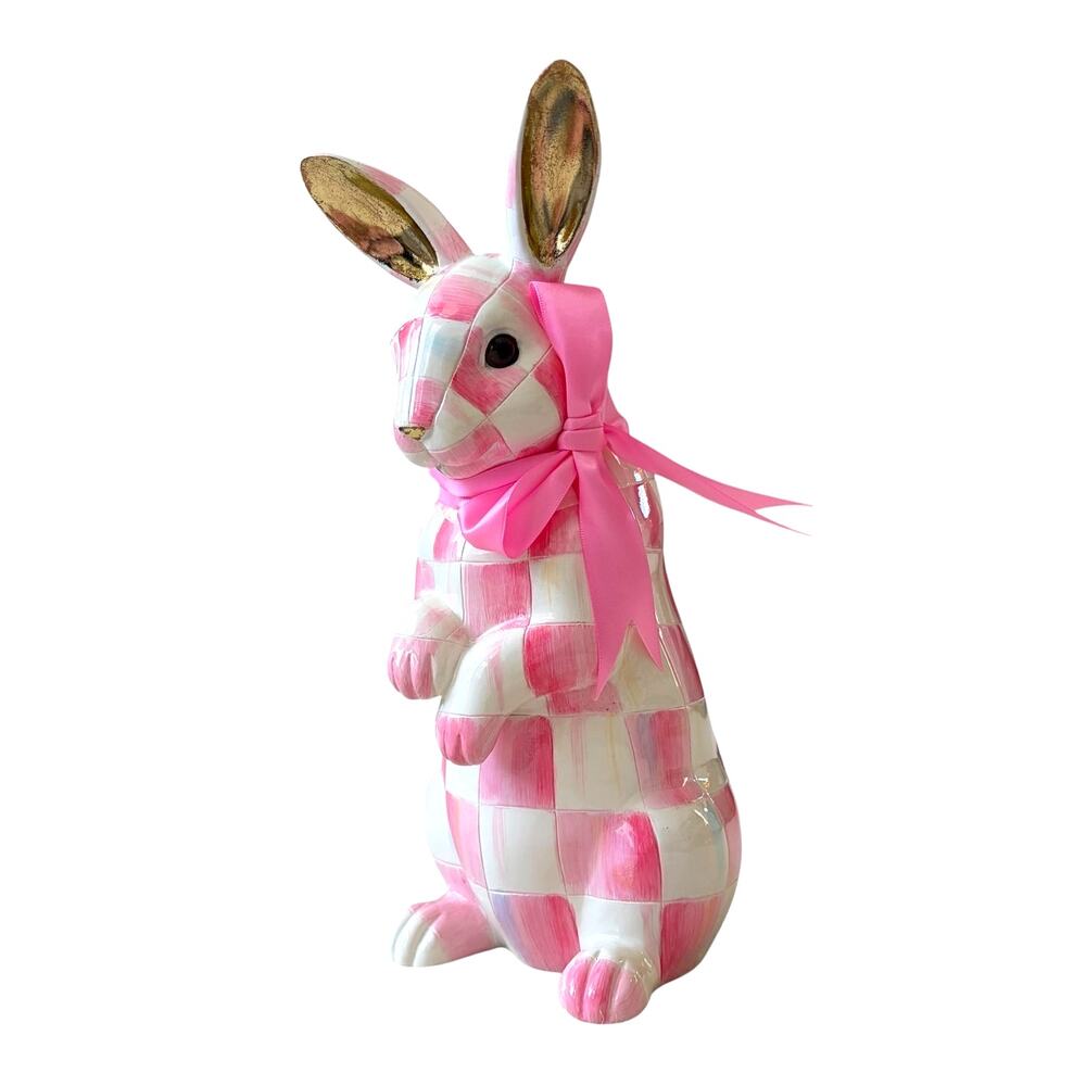 NEW MacKenzie-Childs Bubblegum Check Hops Bunny Figurine 10in Pink Easter Decor